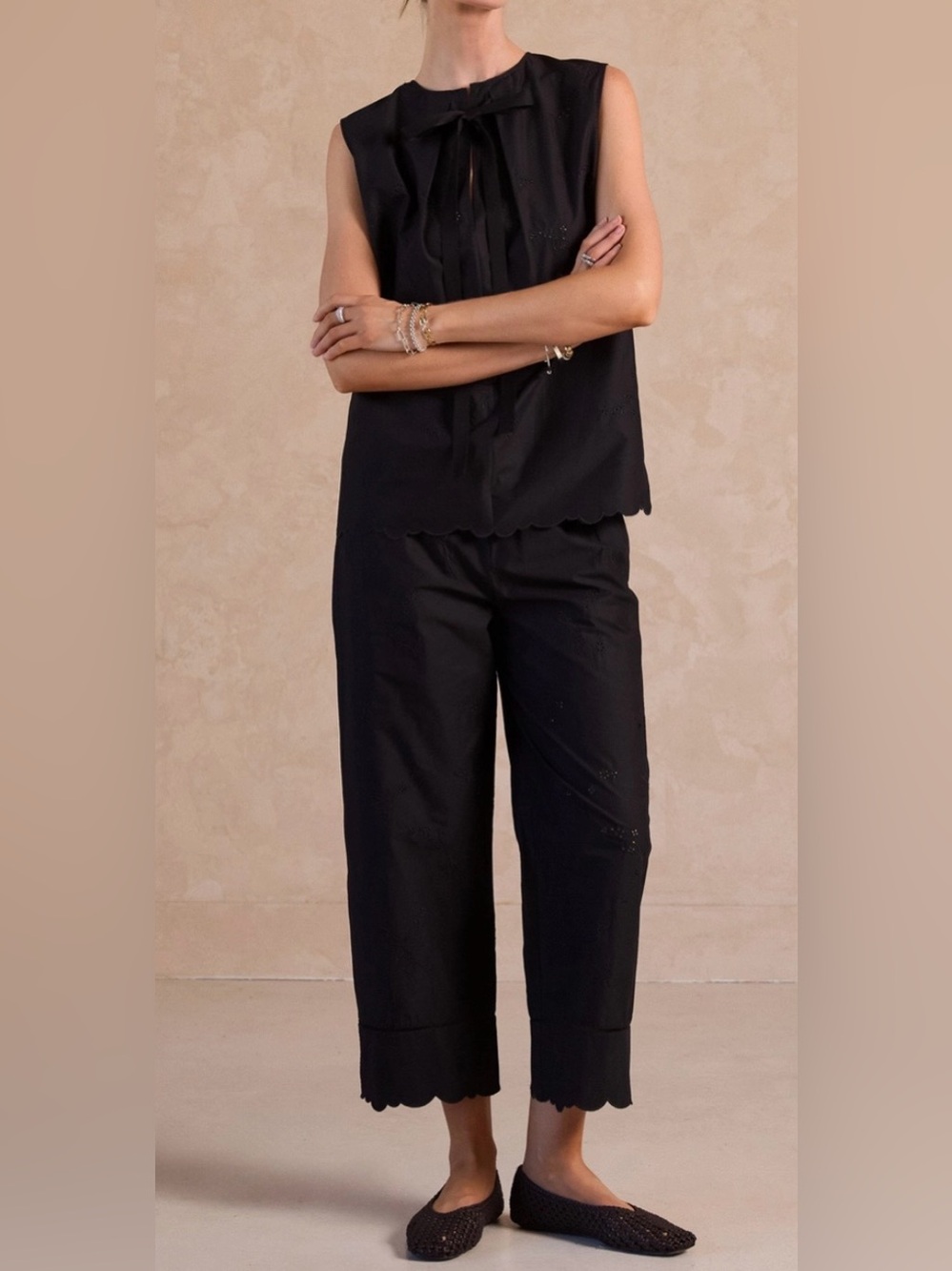 Current Air Floral embroidered tank with cropped pants with scallop hem
